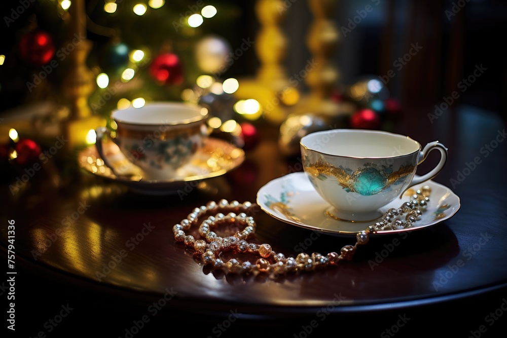 Fototapeta premium Christmas Tea Party: Jewelry on a table with a festive tea set.