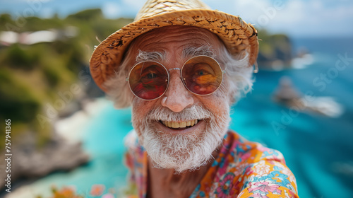 Portrait of senior man with hat and sunglasses on the beach. Happy retirement concept © D-Stock Photo