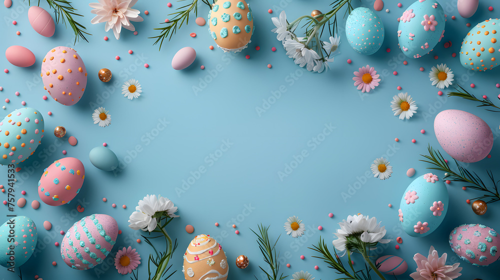 Template for an easter party, blank part in center framed by easter celebration decorations Template for an easter party, blank part in center framed by easter celebration decorations