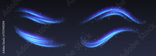 Cold air flow effect, fresh breeze, winter freezing wind, blue light trails with sparkles. Aurora borealis or northern lights overlay. Glowing motion effect, blue speed lines. Luminescent curves.