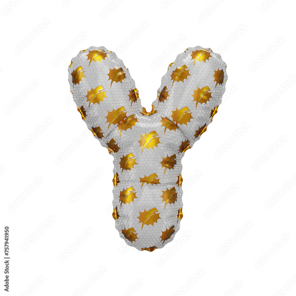 3D inflated balloon letter Y with gold power lightning comic hero pattern white glossy surface