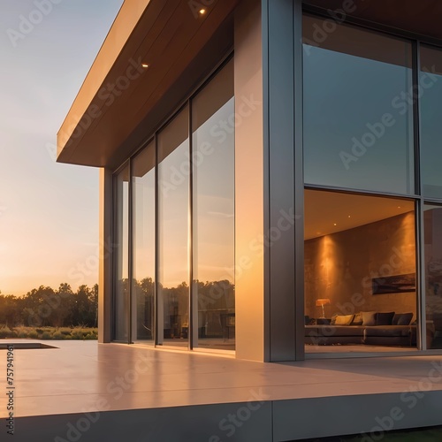 Photograph of a modern architectural masterpiece, shot from a low angle, emphasizing clean lines and symmetry, golden hour lighting, warm and inviting ambiance