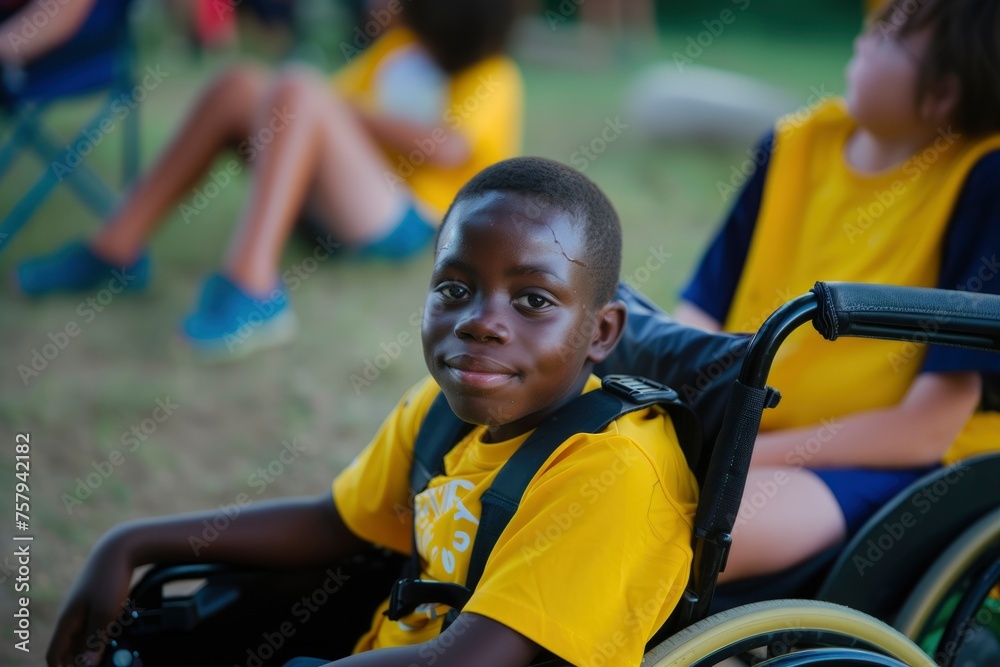 child in a wheelchair at summer camp. generative ai