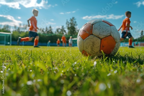 children kicking a ball in a sports field, in the style of villagecore, Sony Alpha A7 IV --ar 3:2 --style raw --v 6 Job ID: 5d7f390b-14ce-4036-8dea-e009595fdd2b