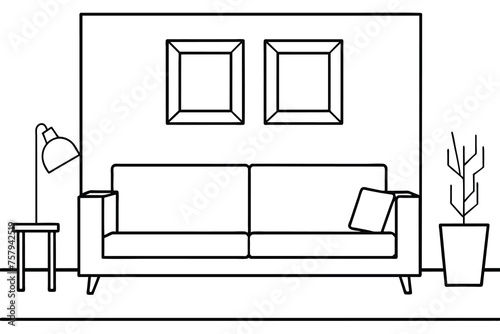 wall-modern living room with mockup frame, line art, vector illustration
