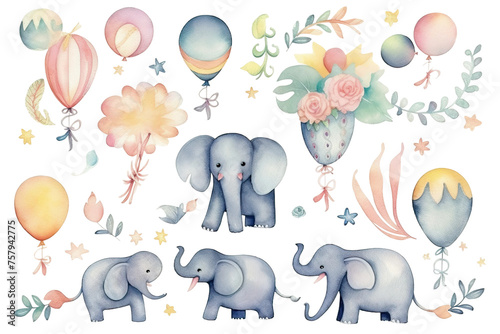 children's Little Watercolor ribbons invitations balloons plants cards elephants isolated background set tropical Set