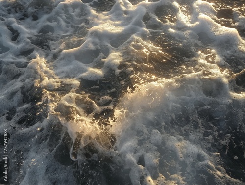 Sunlight reflecting on ocean foam creating a sparkling effect.
