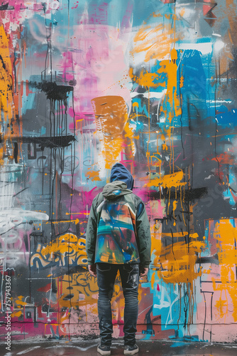 man in front of colored graffiti wall