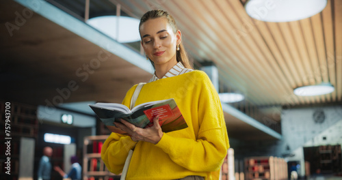 Young Happy Female Student Borrowed a Book From a College Library. Attractive Woman Hungry for Knowledge, Browsing the Pages, Reading Intellectual Texts and Essays by a Social Studies Professor