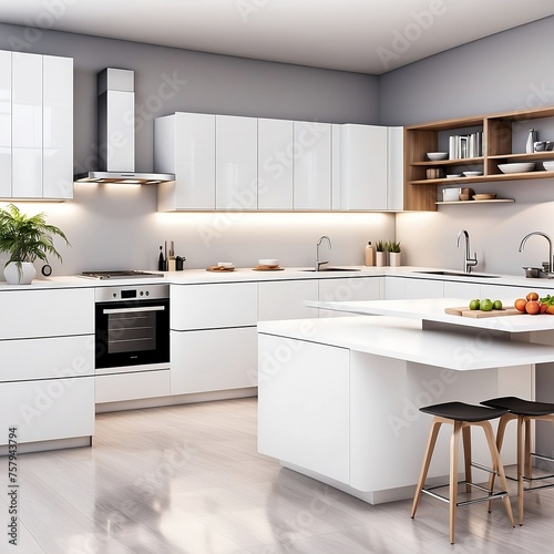Capturing the Essence of Modern UK Kitchen Design: Sleek White Cupboards, Cutting-Edge Kitchen Tools, and State-of-the-Art Cooking Equipment for Stylish Home Interiors