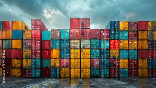 Vibrant Stacked Cargo Containers: A Colorful Scene at the Freight Sea Port Terminal