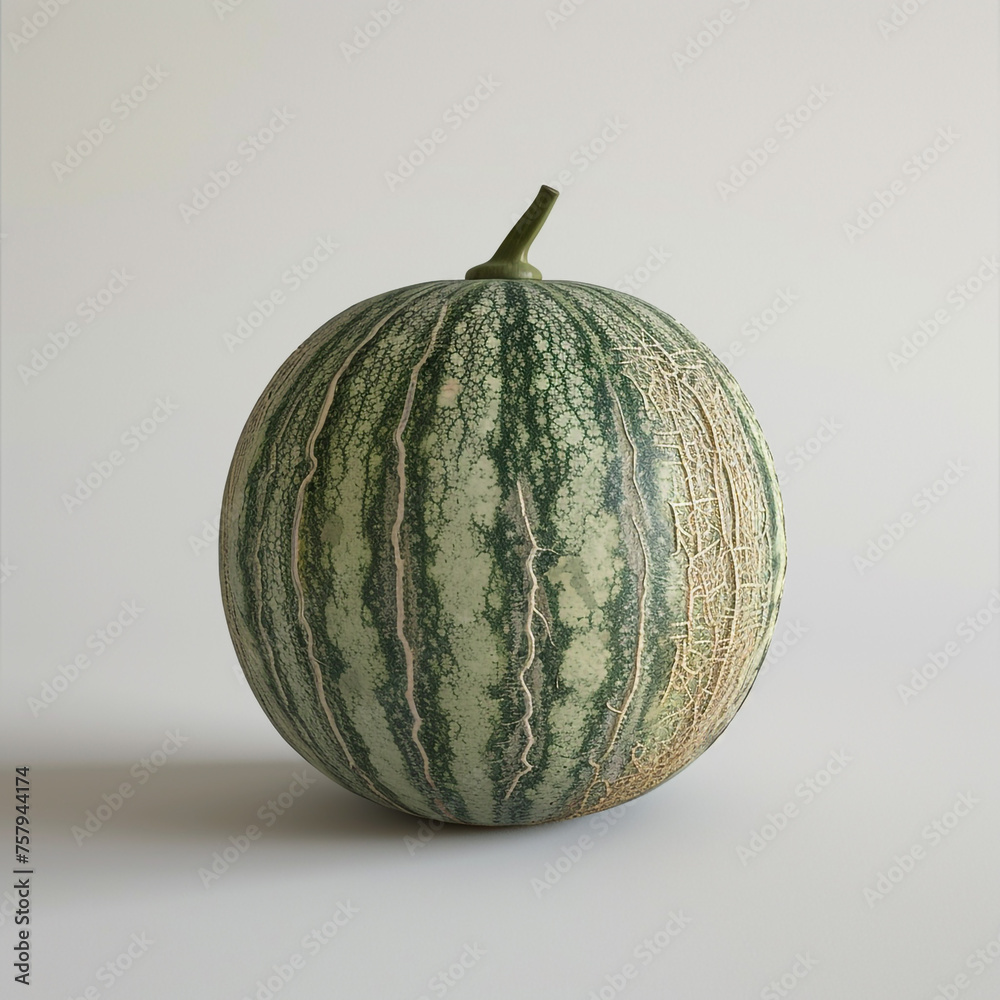 A whole melon, showcasing its textured green rind and contrasting stripes, сreated with Generative Ai