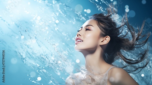 Portrait of beautiful young Asian woman with water splash on her beauty face on blue background.