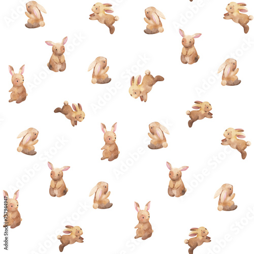 Watercolor seamless pattern with cute brown rabbits. Springtime Easter background. Woodland illustration for children clothing.