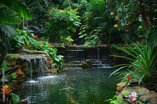 Tropical Plants Surrounding Pond With Waterfall