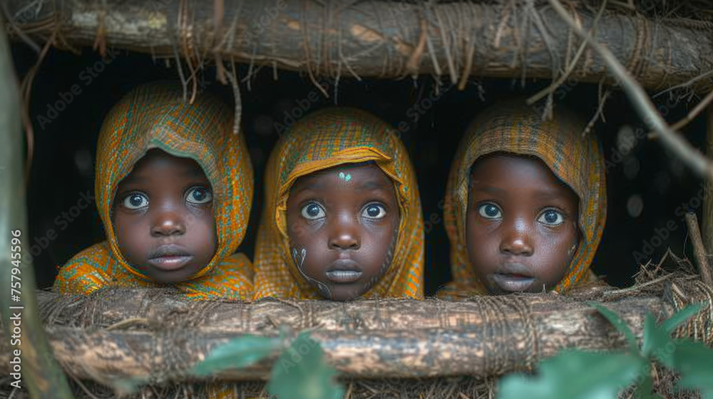 African children watch events taking place in jungle from hut window - obrazy, fototapety, plakaty 
