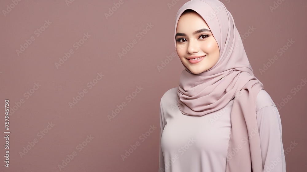 Portrait of islamic woman smiling. Pretty muslim girl. Beautiful asian muslimah woman model posing on grey wall studio. Portrait Of Arab Beauty. copy space - generative ai Portrait of islamic woman smiling. Pretty muslim girl. Beautiful asian muslimah woman model posing on grey wall studio. Portrait Of Arab Beauty. copy space - generative ai