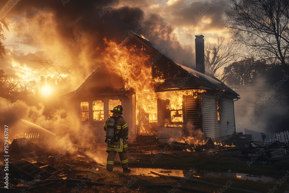 A firefighter valiantly battles a raging wildfire, hose connected to a hydrant, in a dynamic display of courage and determination to quench the inferno.