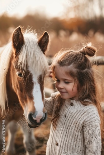 Little Girl Petting Brown and White Horse