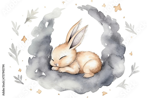 watercolor hand background moon; drawn grey illustration; Little white sleeps bunny isolated