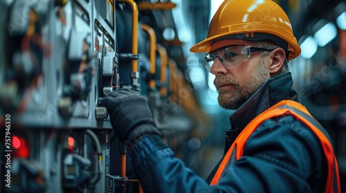 A facility manager conducting a routine inspection on a transformer, using tools and safety gear. Generative AI.