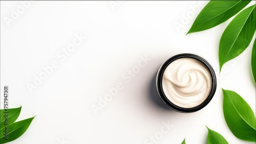 Moisturizer on a white background next to green leaves.
