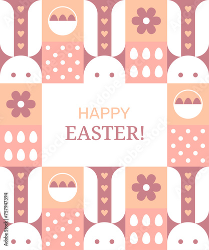 Easter card with bunnies, flowers and chocolate eggs in baskets. Geometric poster with white rabbits. Abstract background with cute bunnies, vector flat illustration in minimal style