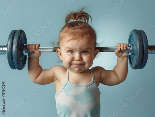una bambina di circa un anno molto forte con piccoli codini, che solleva un pesante bilanciere su uno sfondo azzurro chiaro,