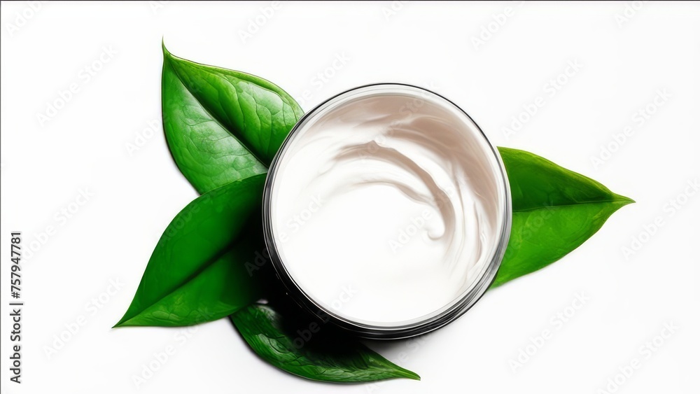 The cream in the middle of the white background stands on green leaves. The cream in the middle of the white background stands on green leaves.