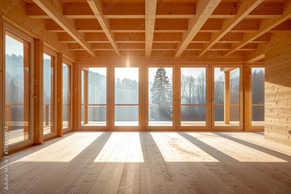 A large open room with wooden floors and a lot of windows