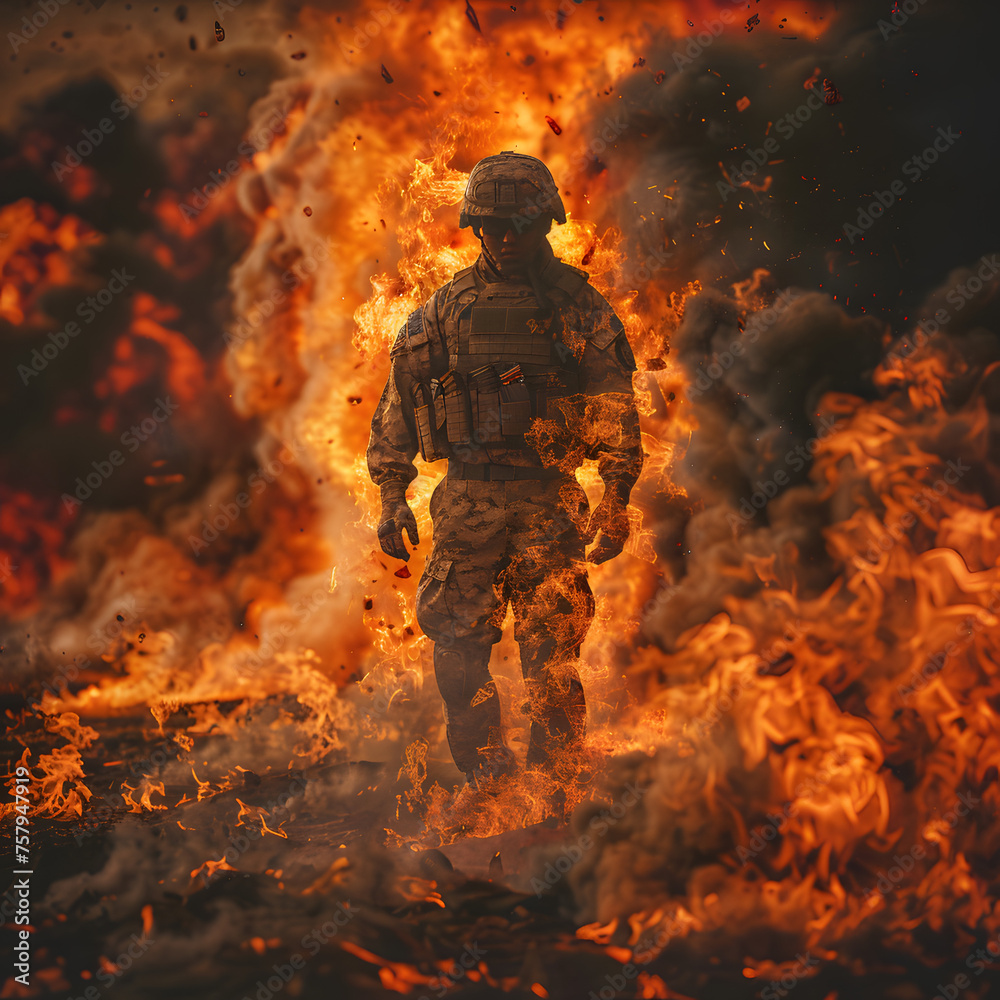 Soldier Standing Resolutely in Front of Flames generative ai Soldier Standing Resolutely in Front of Flames generative ai