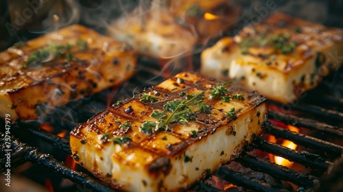 Juicy halloumi cheese slices grilling over flaming grill with herbs and spices photo