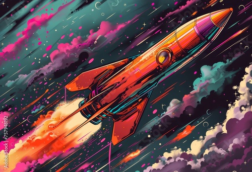 Rocket ship, colorful illustration style, digital art 
