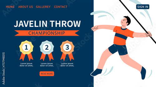 Javelin throw championship web banner. Athlete throwing javelin. Sports standings with three prizes.