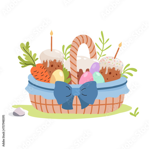 Basket with colored eggs and cake. Happy Easter vector illustration. Traditional spring elements.