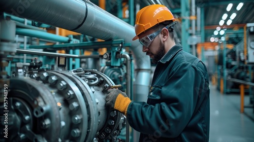 Person working with a compressor in an industrial location. Generative AI. photo