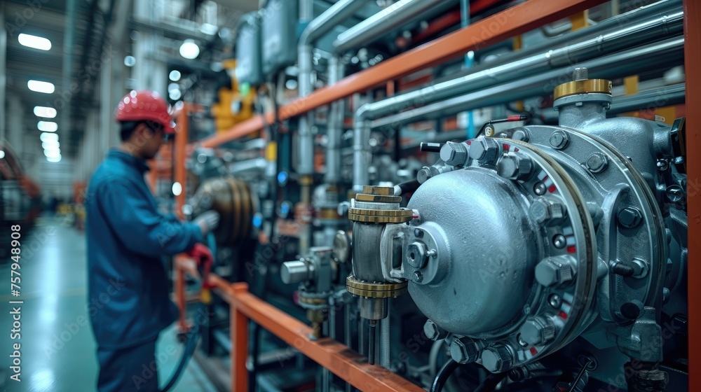Person working with a compressor in an industrial location. Generative AI. Person working with a compressor in an industrial location. Generative AI.