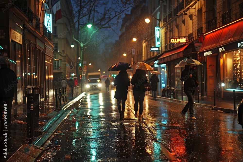 group of individuals walking along an Asian street at night, carrying umbrellas to shield themselves from the rain.