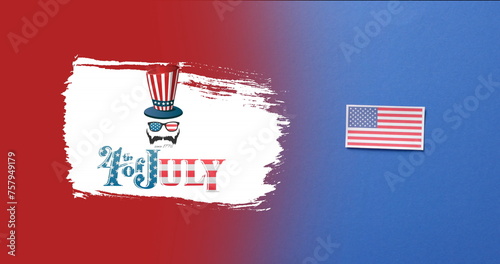 Image of 4th of july text and top hat over flag of united states of america