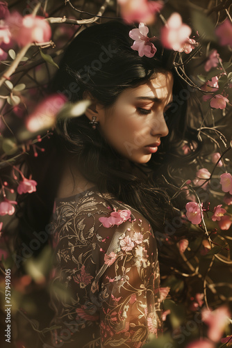 A dreamy portrait of a woman among pink cherry blossoms basking in golden sunlight