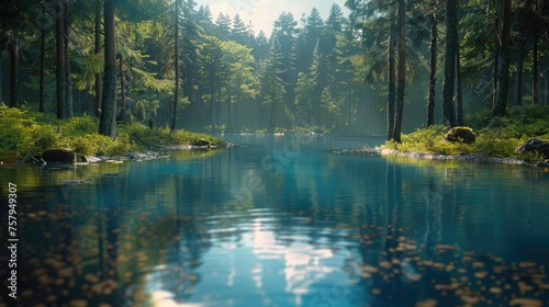 A small blue lake in the black forest, surrounded by trees. Generative AI.
