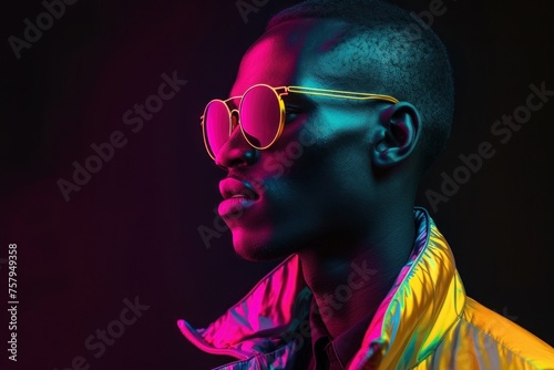 black fashion man in sunglasses and yellow jacket stands in front of black background in neon glow