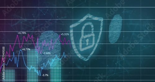 Image of padlock icon and financial data processing over biometric fingerprints