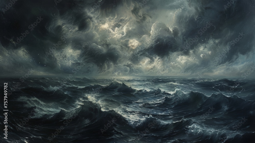 Anxiety depicted through a stormy ocean scene, with dark clouds and turbulent waves - obrazy, fototapety, plakaty 