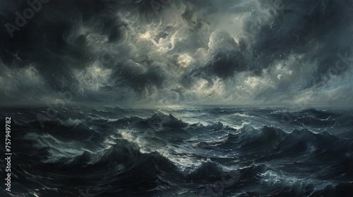 Anxiety depicted through a stormy ocean scene, with dark clouds and turbulent waves photo