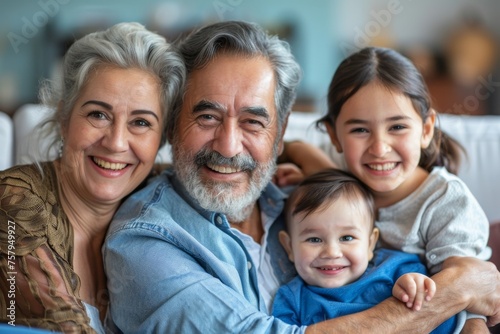 Happy multi-generational family smiling together in a cozy home setting
