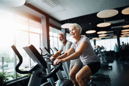 Active sporty senior couple exercising on exercise bike in the gym.