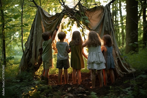 Children in a tent in the forest. Kids play in nature. excited children having fun during camping activity in nature. Group of happy joyful school kids playing together.
