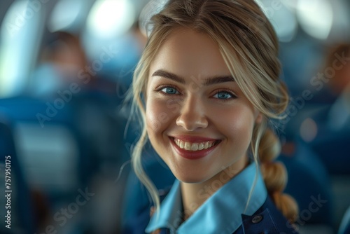 Friendly flight attendant demonstrating safety procedures on board