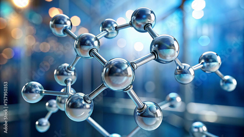 Modern Science Concept: 3D Glass Molecule Model in High-Tech Office Environment 